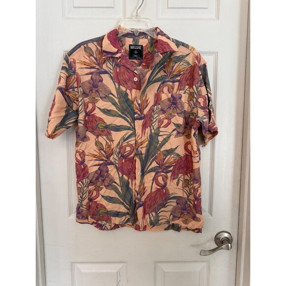 Massive Pink Tropical Flamingo Short Sleeve Button Down Men's Shirt Size Small - Picture 2 of 7